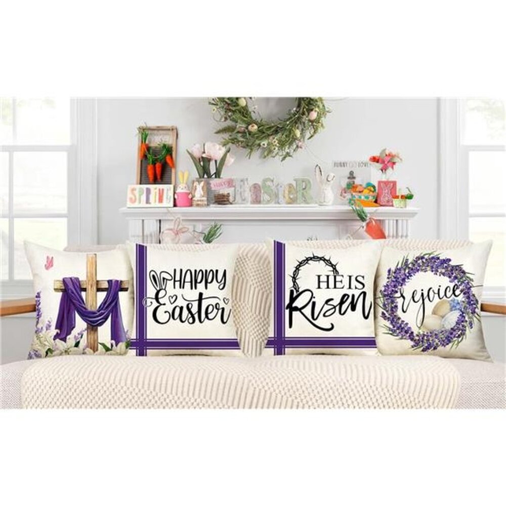 Easter Throw Pillow Covers 18 x 18 Inch Set of 4, He is Risen - Picture 2 of 7